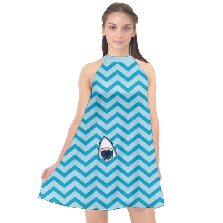 Chevron Shark Pattern Halter Neckline Chiffon Dress 