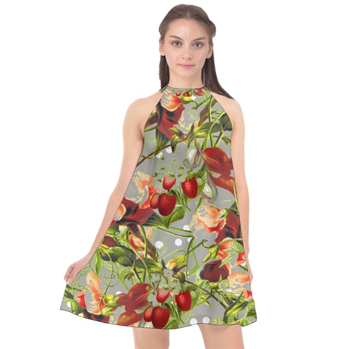 Fruit Blossom Gray Halter Neckline Chiffon Dress 