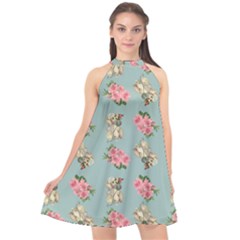 Retro Dog Floral Pattern Blue Halter Neckline Chiffon Dress  by snowwhitegirl