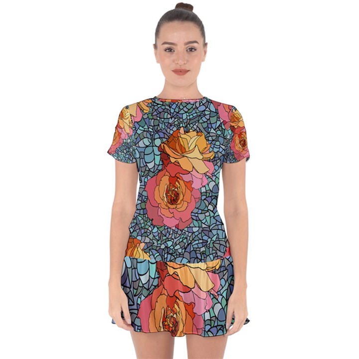 Pattern Rose Yellow Background Drop Hem Mini Chiffon Dress
