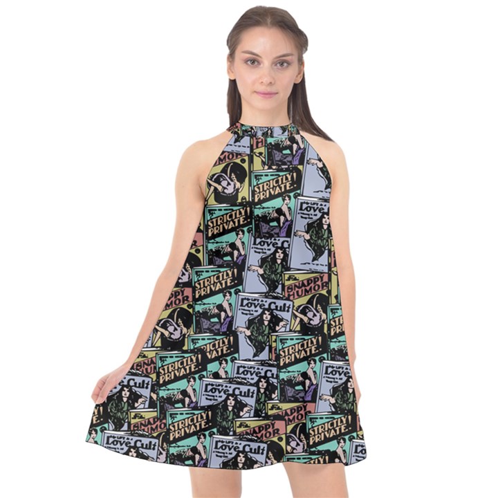 Comic Books Pattern Halter Neckline Chiffon Dress 