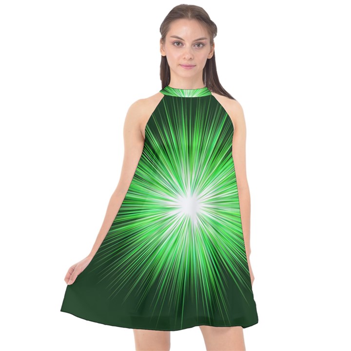 Green Blast Background Halter Neckline Chiffon Dress 