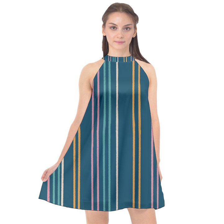 Multicolored Stripes On Blue Halter Neckline Chiffon Dress 