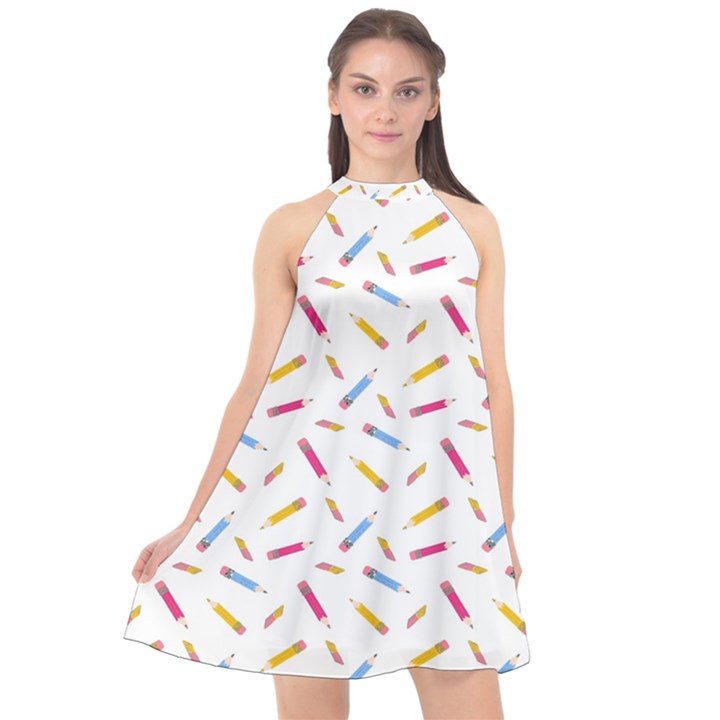 Multicolored Pencils And Erasers Halter Neckline Chiffon Dress 