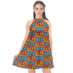 Pumpkin In Pumpkin Halter Neckline Chiffon Dress  by SychEva