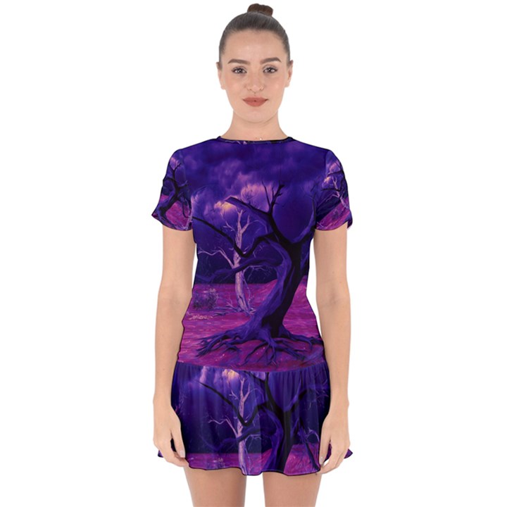 Forest Night Heaven Cloud Nature Drop Hem Mini Chiffon Dress