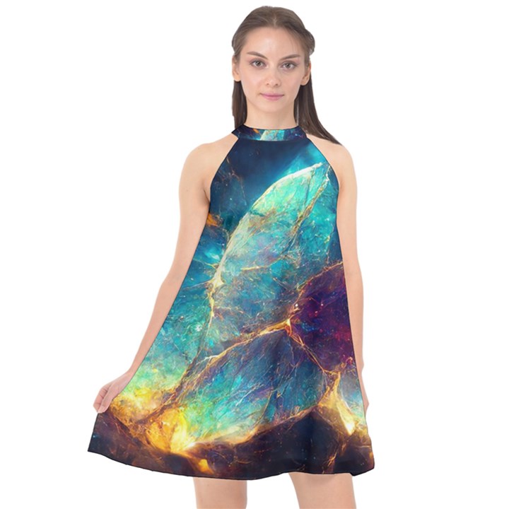 Abstract Galactic Wallpaper Halter Neckline Chiffon Dress 