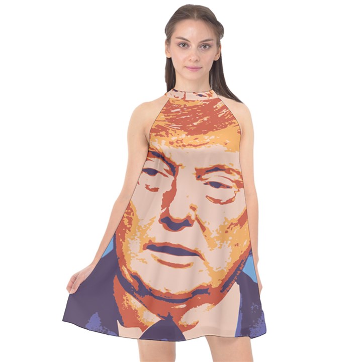 Orange Donald Trump Halter Neckline Chiffon Dress 