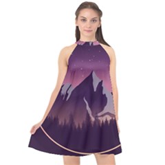 Mountain Night Crescent Moon Halter Neckline Chiffon Dress  by Bedest