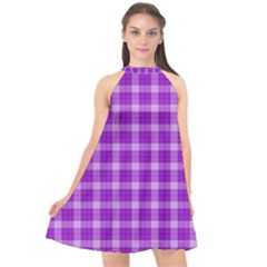 Purple Plaid Tartan 3 Halter Neckline Chiffon Dress  by dressshop