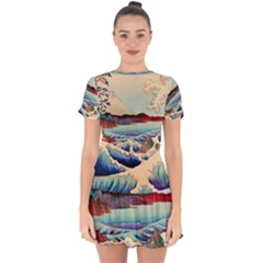 Wave Japanese Mount Fuji Ocean Drop Hem Mini Chiffon Dress by Bedest