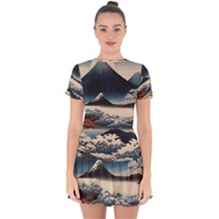 Hokusai Moutains Japan Drop Hem Mini Chiffon Dress by Bedest