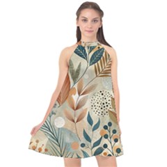 Leaves Pattern Flora Halter Neckline Chiffon Dress  by Sabxi