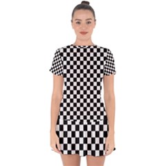 Pattern Checkered Squares Black White Pattern Drop Hem Mini Chiffon Dress by Sabxi