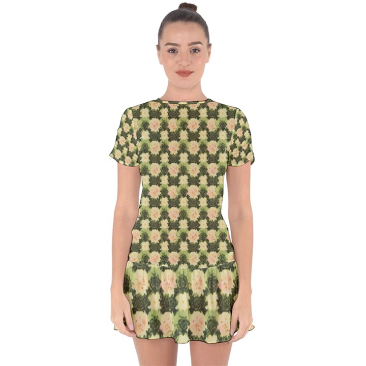 Retro 1880s Flowers Pattern 15 Drop Hem Mini Chiffon Dress