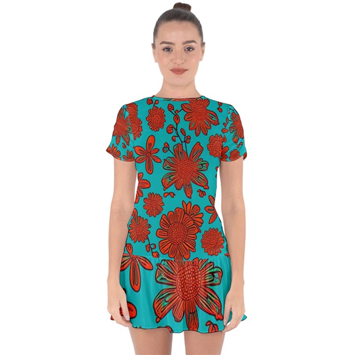Mid Century Retro Floral 1970s 1960s Pattern 103 Drop Hem Mini Chiffon Dress