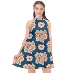 Retro 1880s Flowers Pattern 7 Halter Neckline Chiffon Dress  by violetheavensky