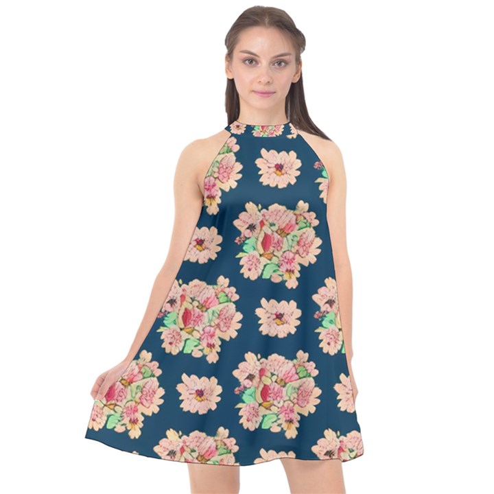 Retro 1880s Flowers Pattern 7 Halter Neckline Chiffon Dress 