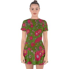 Mid Century Retro Floral 1970s 1960s Pattern 88 Drop Hem Mini Chiffon Dress by violetheavensky