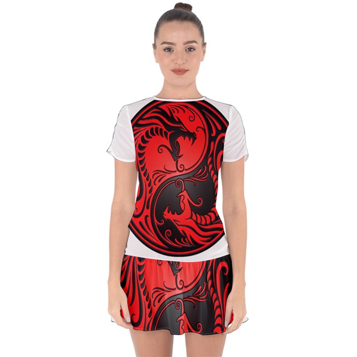 Red Yin Yang Dragons Drop Hem Mini Chiffon Dress