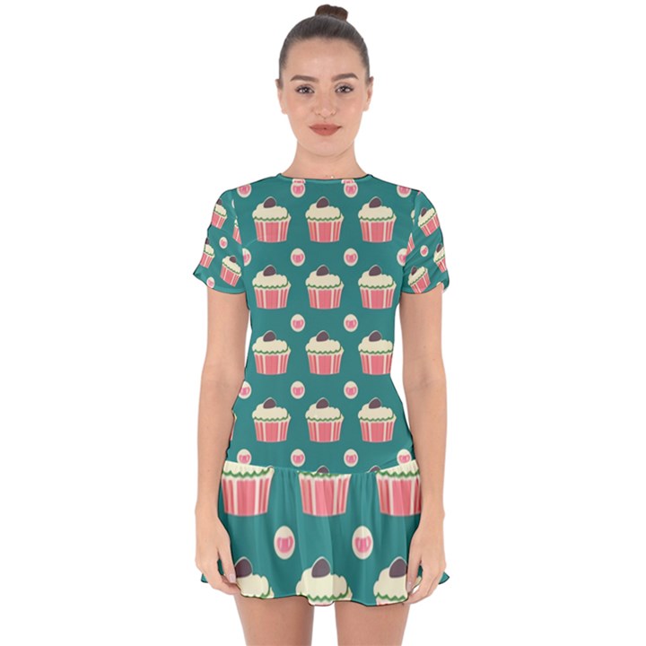 Retro 40s 50s Cupcake Pattern 2 Drop Hem Mini Chiffon Dress