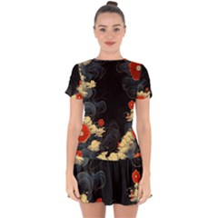 Korean Art Flowers Asian Pattern Drop Hem Mini Chiffon Dress by Sabxi