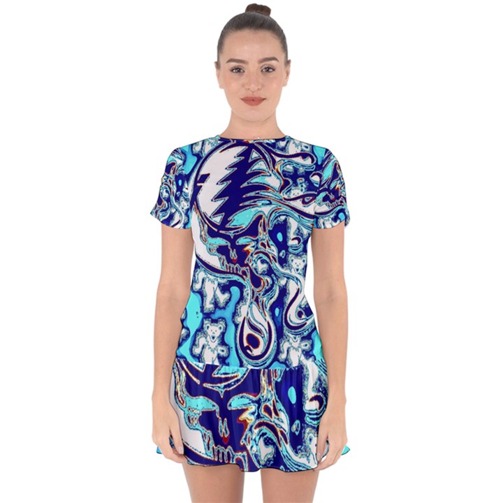 Trippy Dippy Bears Blue Dancing Greatful Dead Skull Steal Your Face Drop Hem Mini Chiffon Dress