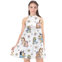 Bluey, Bluey Merch, Bluey Pattern, Bluey Bluey, Bingo, Bluey Design, Bluey Dog Halter Neckline Chiffon Dress  by avitendut