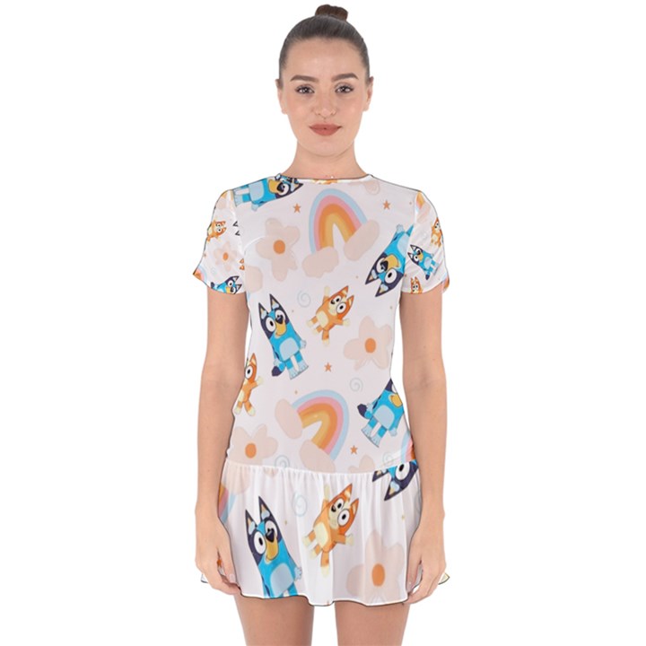 Bluey, Bluey merch, Bluey pattern, Bluey Bluey, bingo, Bluey design, bluey dog Drop Hem Mini Chiffon Dress