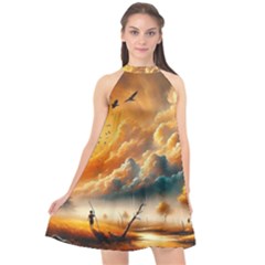 Nature Storm Painting Halter Neckline Chiffon Dress  by Anend