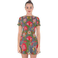 Mid Century Retro Floral 1970s 1960s Pattern 83 Drop Hem Mini Chiffon Dress by violetheavensky
