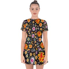 Mid Century Retro Floral 1970s 1960s Pattern 57 Drop Hem Mini Chiffon Dress by violetheavensky