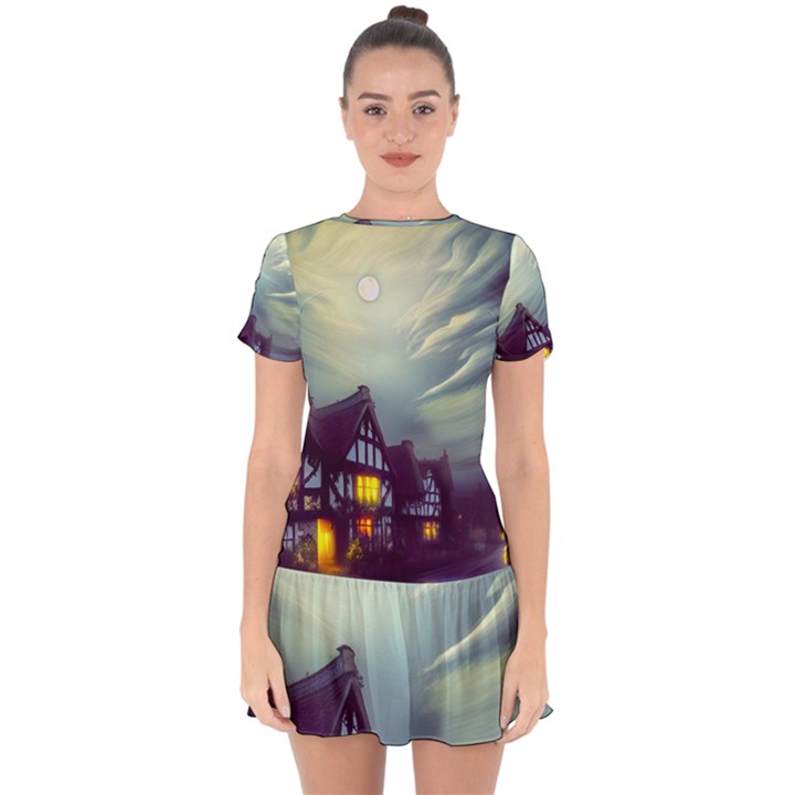 Village Moon Cloudy Historical Tudor Architecture Houses Town Night Windows City Drop Hem Mini Chiffon Dress