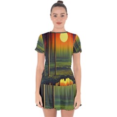 Outdoors Night Moon Full Moon Trees Setting Scene Forest Woods Light Moonlight Nature Wilderness Lan Drop Hem Mini Chiffon Dress by Posterlux