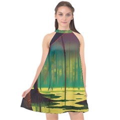 Nature Swamp Water Sunset Spooky Night Reflections Bayou Lake Halter Neckline Chiffon Dress  by Posterlux